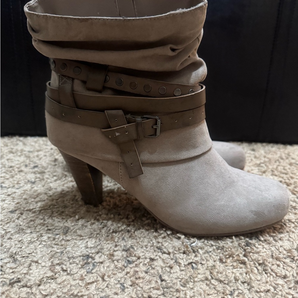 Madden Girl Taupe Heeled Boots with Buckle Detail